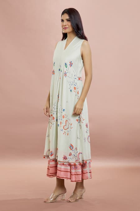 Buy_Whimsical By Shica_Peach Cotton, Silk Embroidery V-neck Heart Print Layered Dress _Online_at_Aza_Fashions