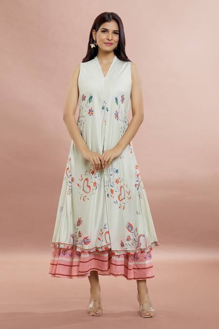 Shop_Whimsical By Shica_Peach Cotton, Silk Embroidery V-neck Heart Print Layered Dress _Online_at_Aza_Fashions