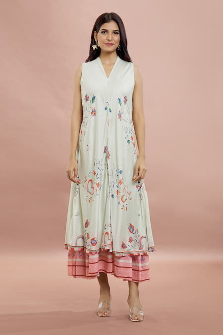 Whimsical By Shica_Peach Cotton, Silk Embroidery V-neck Heart Print Layered Dress _at_Aza_Fashions