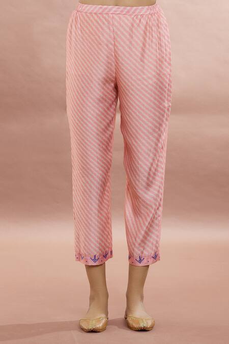 Buy_Whimsical By Shica_White Cotton, Silk Embroidery Round Neck Floral Print Kaftan And Stripe Pant Set _Online_at_Aza_Fashions