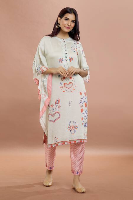 Shop_Whimsical By Shica_White Cotton, Silk Embroidery Round Neck Floral Print Kaftan And Stripe Pant Set _Online_at_Aza_Fashions