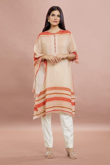 Buy_Whimsical By Shica_Brown Crepe Embroidery Round Neck Dot Print Kaftan Tunic _Online_at_Aza_Fashions