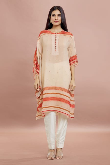 Shop_Whimsical By Shica_Brown Crepe Embroidery Round Neck Dot Print Kaftan Tunic _Online_at_Aza_Fashions