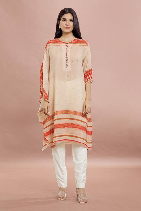 Whimsical By Shica_Brown Crepe Embroidery Round Neck Dot Print Kaftan Tunic _at_Aza_Fashions
