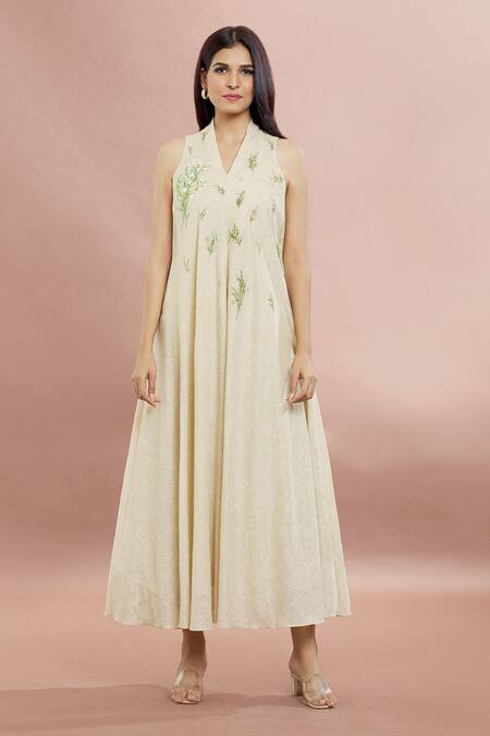 Buy_Whimsical By Shica_Off White Linen, Chanderi Embroidery Collared Placement Handpainted Dress _Online_at_Aza_Fashions