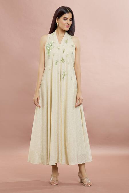Shop_Whimsical By Shica_Off White Linen, Chanderi Embroidery Collared Placement Handpainted Dress _Online_at_Aza_Fashions