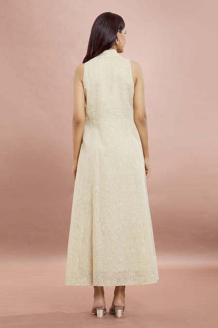 Whimsical By Shica_Off White Linen, Chanderi Embroidery Collared Placement Handpainted Dress _Online_at_Aza_Fashions