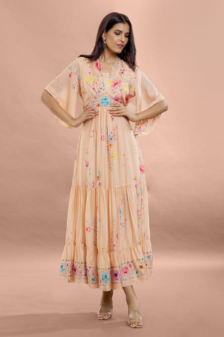 Buy_Whimsical By Shica_Peach Organza, Satin V-neck Blossom Print Tiered Dress _Online_at_Aza_Fashions
