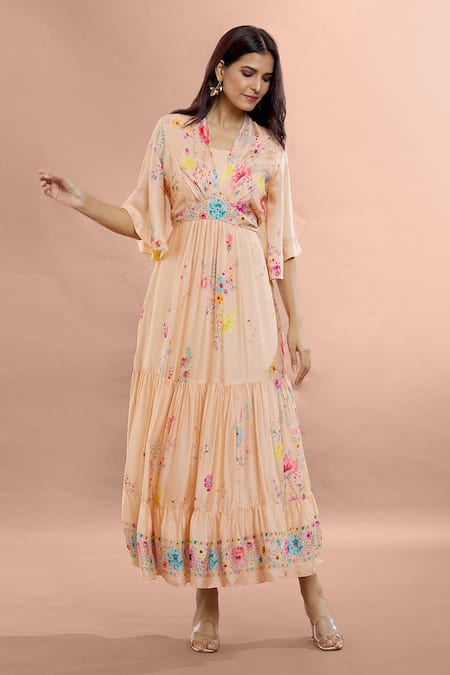 Shop_Whimsical By Shica_Peach Organza, Satin V-neck Blossom Print Tiered Dress _Online_at_Aza_Fashions