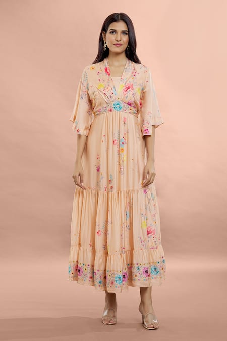 Whimsical By Shica_Peach Organza, Satin V-neck Blossom Print Tiered Dress _at_Aza_Fashions