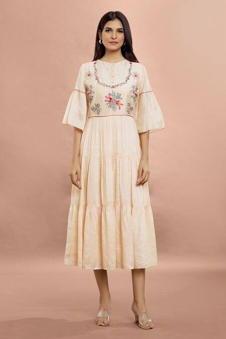 Buy Whimsical By Shica Peach Cotton, Silk Embroidery Round Neck Floral Yoke Dress Online at Aza Fashions Buy_Whimsical By Shica_Peach Cotton, Silk Embroidery Round Neck Floral Yoke Dress _Online_at_Aza_Fashions
