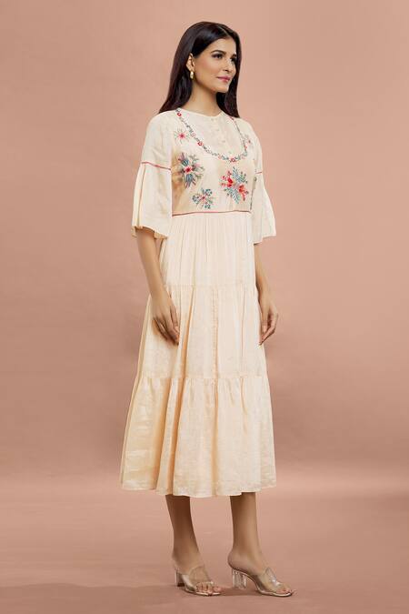 Shop Whimsical By Shica Peach Cotton, Silk Embroidery Round Neck Floral Yoke Dress Online at Aza Fashions Shop_Whimsical By Shica_Peach Cotton, Silk Embroidery Round Neck Floral Yoke Dress _Online_at_Aza_Fashions