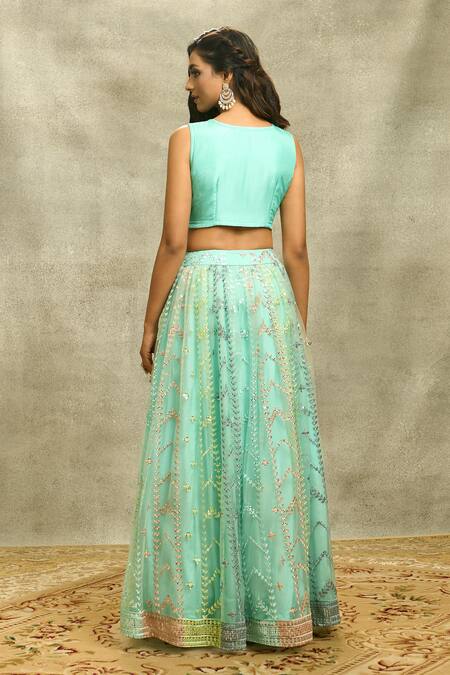Shop Aariyana Couture Blue Silk, Net Embroidery, Mirrors V-neck Chevron Lehenga Set at Aza Fashions Shop_Aariyana Couture_Blue Silk, Net Embroidery, Mirrors V-neck Chevron Lehenga Set_at_Aza_Fashions
