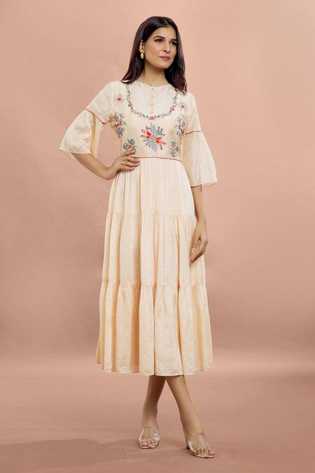 Whimsical By Shica Peach Cotton, Silk Embroidery Round Neck Floral Yoke Dress at Aza Fashions Whimsical By Shica_Peach Cotton, Silk Embroidery Round Neck Floral Yoke Dress _at_Aza_Fashions