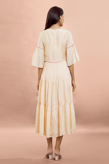 Whimsical By Shica Peach Cotton, Silk Embroidery Round Neck Floral Yoke Dress Online at Aza Fashions Whimsical By Shica_Peach Cotton, Silk Embroidery Round Neck Floral Yoke Dress _Online_at_Aza_Fashions