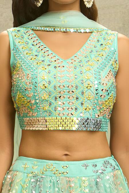 Buy Aariyana Couture Blue Silk, Net Embroidery, Mirrors V-neck Chevron Lehenga Set Online at Aza Fashions Buy_Aariyana Couture_Blue Silk, Net Embroidery, Mirrors V-neck Chevron Lehenga Set_Online_at_Aza_Fashions