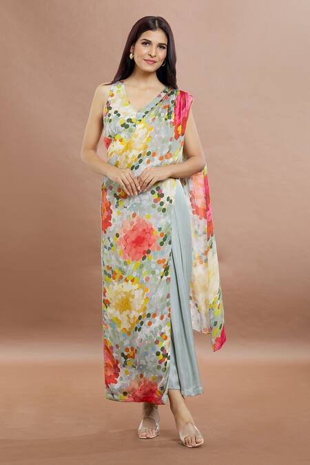 Whimsical By Shica Grey Organza, Satin V-neck Dot Print Saree Draped Jumpsuit at Aza Fashions Whimsical By Shica_Grey Organza, Satin V-neck Dot Print Saree Draped Jumpsuit _at_Aza_Fashions