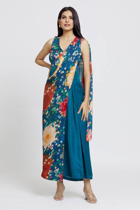 Whimsical By Shica_Blue Organza, Satin V-neck Dot Print Saree Draped Jumpsuit _at_Aza_Fashions