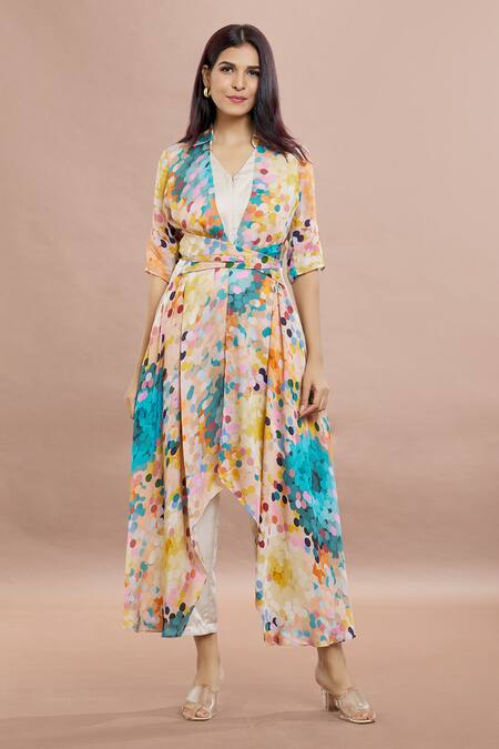 Whimsical By Shica_Beige Organza, Satin Shawl Neck Dot Print Criss Cross Jumpsuit _at_Aza_Fashions