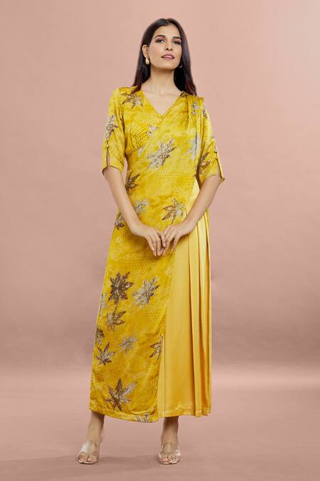 Whimsical By Shica_Yellow Organza, Satin V-neck Maple Dot Print Saree Draped Jumpsuit _at_Aza_Fashions
