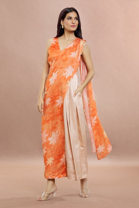 Whimsical By Shica Orange Organza Satin Printed Maple Dot V Neck Saree Draped Jumpsuit 