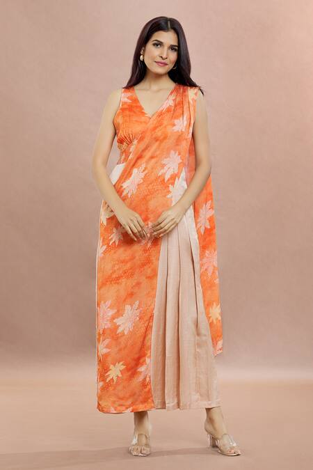 Whimsical By Shica Orange Organza, Satin Embroidery V-neck Maple Dot Print Saree Draped Jumpsuit at Aza Fashions Whimsical By Shica_Orange Organza, Satin Embroidery V-neck Maple Dot Print Saree Draped Jumpsuit _at_Aza_Fashions