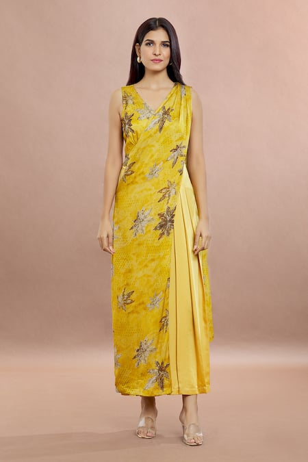 Whimsical By Shica Yellow Organza, Satin V-neck Maple Dot Print Saree Draped Jumpsuit at Aza Fashions Whimsical By Shica_Yellow Organza, Satin V-neck Maple Dot Print Saree Draped Jumpsuit _at_Aza_Fashions