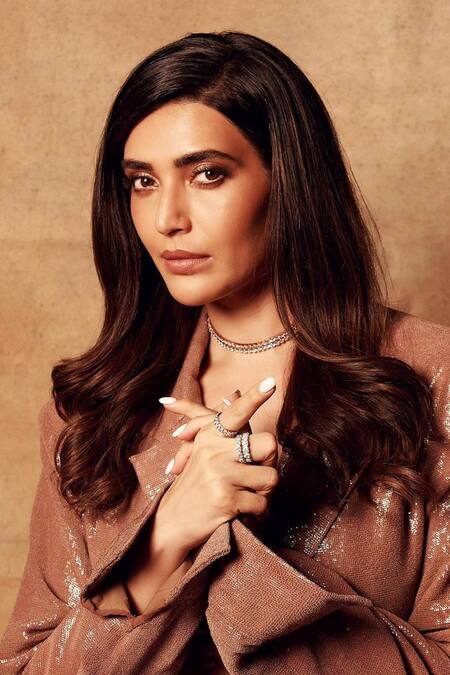 Shop_Deme By Gabriella_Beige Georgette Sequins Collared, V-neck Cropped Jacket And Draped Pant Set