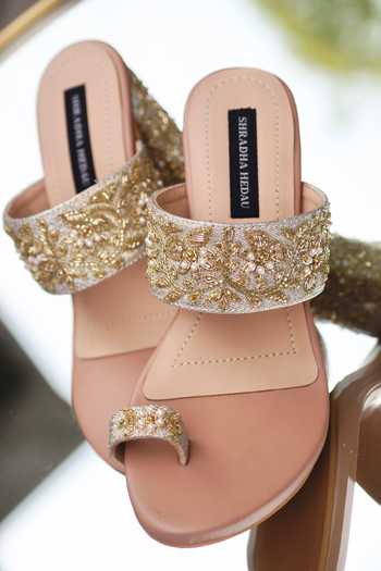 Shradha Hedau Footwear Couture_Peach Embroidery, Cut Work Ruba Cutdana Embellished Heels _Online_at_Aza_Fashions