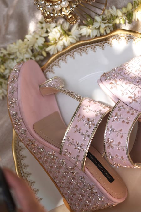 Shop Shradha Hedau Footwear Couture Pink Embellished Gia Cutdana Kolhapuri Wedges at Aza Fashions Shop_Shradha Hedau Footwear Couture_Pink Embellished Gia Cutdana Kolhapuri Wedges _at_Aza_Fashions