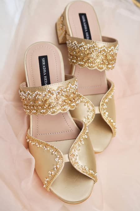 Shradha Hedau Footwear Couture Gold Embellished Arava Cutdana Block Heels Online at Aza Fashions Shradha Hedau Footwear Couture_Gold Embellished Arava Cutdana Block Heels _Online_at_Aza_Fashions