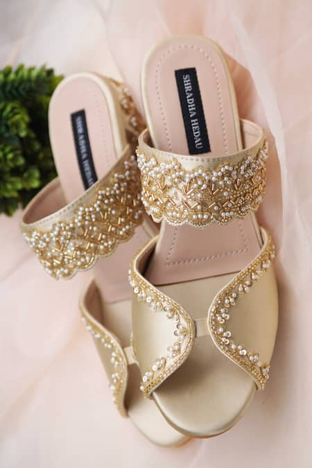 Buy Shradha Hedau Footwear Couture Gold Embellished Arava Cutdana Block Heels Online at Aza Fashions Buy_Shradha Hedau Footwear Couture_Gold Embellished Arava Cutdana Block Heels _Online_at_Aza_Fashions