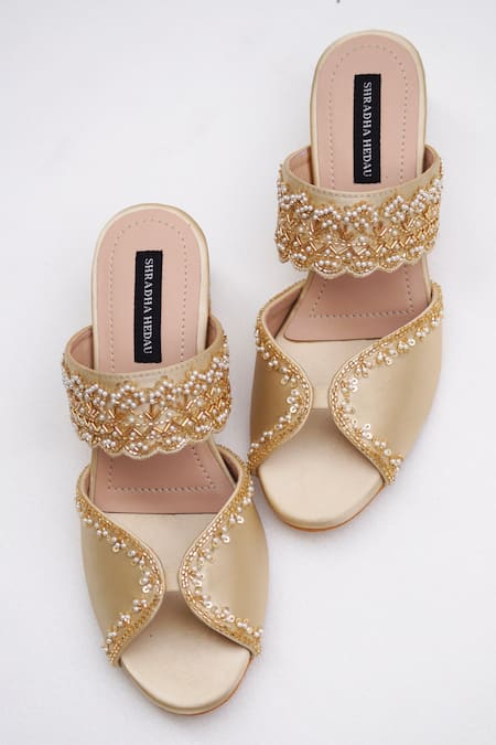 Shop Shradha Hedau Footwear Couture Gold Embellished Arava Cutdana Block Heels at Aza Fashions Shop_Shradha Hedau Footwear Couture_Gold Embellished Arava Cutdana Block Heels _at_Aza_Fashions