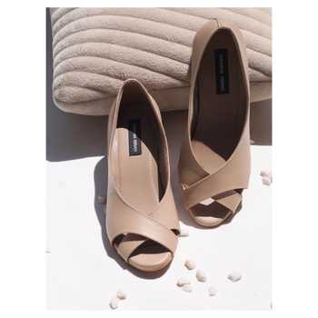 Buy_Shradha Hedau Footwear Couture_Beige Matte Hailey Peep Toe Heels_Online_at_Aza_Fashions