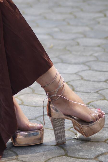 Shop_Shradha Hedau Footwear Couture_Pink Embellished Rilley Wrap Around Heels _Online_at_Aza_Fashions