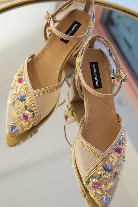 Shradha Hedau Footwear Couture Beige Embellished Victoria Sequin Block Heels