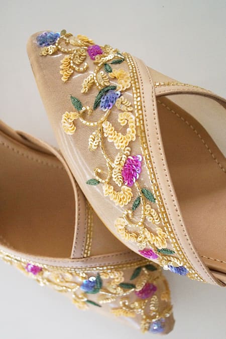Shradha Hedau Footwear Couture_Beige Embellished Victoria Sequin Block Heels _Online_at_Aza_Fashions