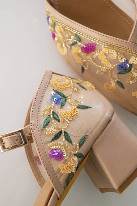 Buy_Shradha Hedau Footwear Couture_Beige Embellished Victoria Sequin Block Heels _Online_at_Aza_Fashions