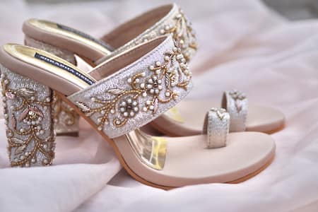 Buy_Shradha Hedau Footwear Couture_Peach Embroidery Sofia Cutdana Embellished Strap Heels _Online_at_Aza_Fashions