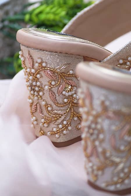 Shradha Hedau Footwear Couture_Peach Embroidery Sofia Cutdana Embellished Strap Heels _at_Aza_Fashions