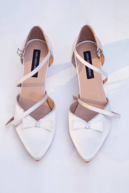Shop Shradha Hedau Footwear Couture White Bows Rosett Embellished Heels at Aza Fashions Shop_Shradha Hedau Footwear Couture_White Bows Rosett Embellished Heels _at_Aza_Fashions