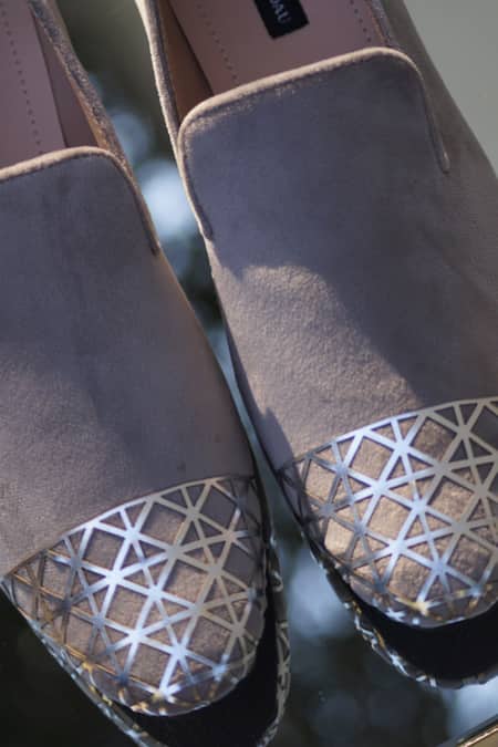 Shop Shradha Hedau Footwear Couture Grey Liam Velvet Suede Moccasins at Aza Fashions Shop_Shradha Hedau Footwear Couture_Grey Liam Velvet Suede Moccasins _at_Aza_Fashions