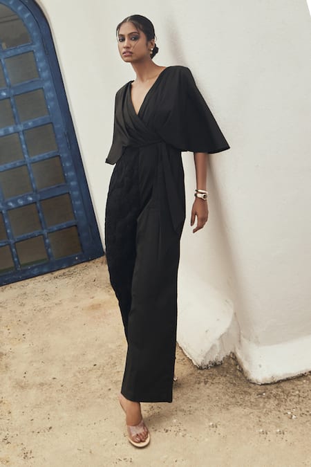 COUCHÉ BY ANANDINI Black Cotton, Lycra, Lace Embroidery V-neck Draped Jumpsuit 