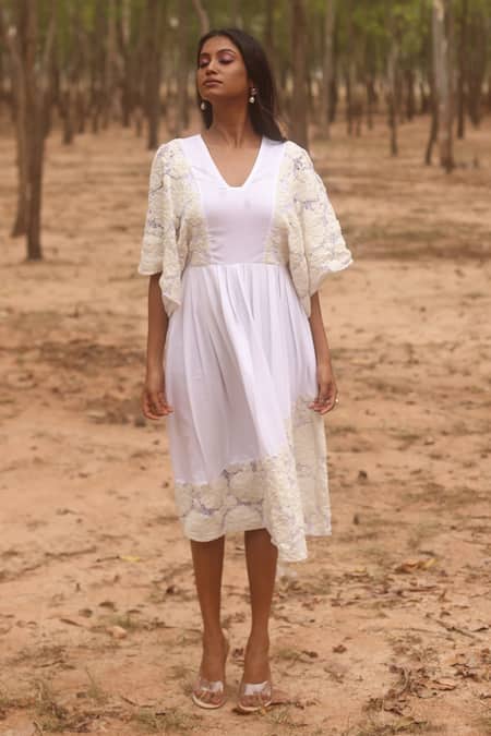 Shop_Couché By Anandini_Ivory Cotton, Lycra, Lace Embroidery V-neck Boxy Sleeve Dress _at_Aza_Fashions