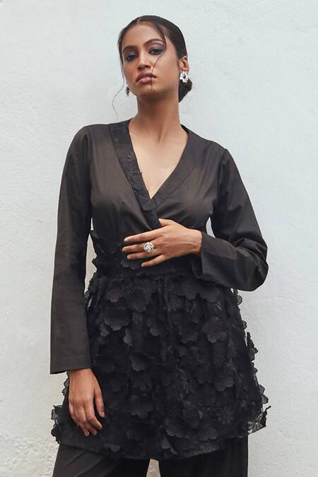 Couché By Anandini Black Cotton, Viscose Applique, Embroidery Split Floral Wrap Jacket Pant Set Online at Aza Fashions Couché By Anandini_Black Cotton, Viscose Applique, Embroidery Split Floral Wrap Jacket Pant Set _Online_at_Aza_Fashions