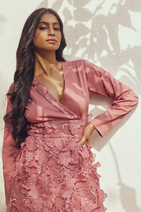 Couché By Anandini Pink Cotton, Lycra, Tulle, Viscose Applique, Floral Jacket And Pant Set Online at Aza Fashions Couché By Anandini_Pink Cotton, Lycra, Tulle, Viscose Applique, Floral Jacket And Pant Set _Online_at_Aza_Fashions