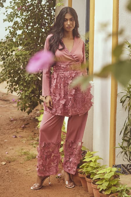 Buy Couché By Anandini Pink Cotton, Lycra, Tulle, Viscose Applique, Floral Jacket And Pant Set Online at Aza Fashions Buy_Couché By Anandini_Pink Cotton, Lycra, Tulle, Viscose Applique, Floral Jacket And Pant Set _Online_at_Aza_Fashions