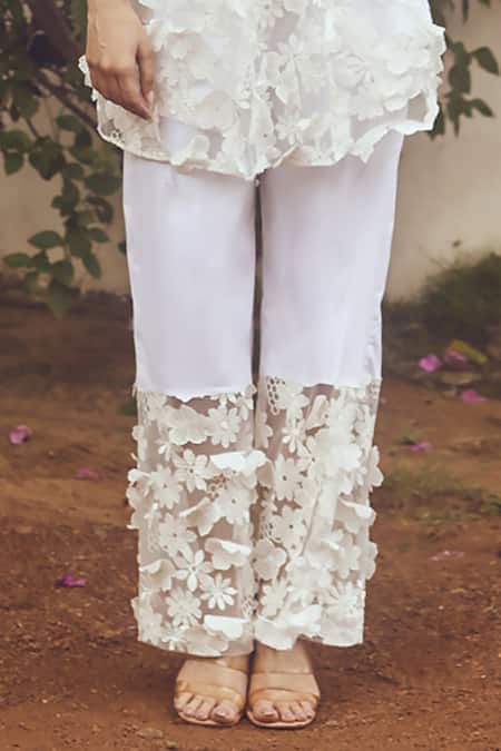 Couché By Anandini Ivory Cotton, Tulle, Lycra Embroidery Split Wrap-over Applique Jacket And Pant Set Online at Aza Fashions Couché By Anandini_Ivory Cotton, Tulle, Lycra Embroidery Split Wrap-over Applique Jacket And Pant Set _Online_at_Aza_Fashions
