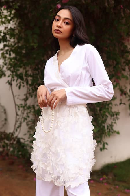Buy Couché By Anandini Ivory Cotton, Tulle, Lycra Embroidery Split Wrap-over Applique Jacket And Pant Set Online at Aza Fashions Buy_Couché By Anandini_Ivory Cotton, Tulle, Lycra Embroidery Split Wrap-over Applique Jacket And Pant Set _Online_at_Aza_Fashions