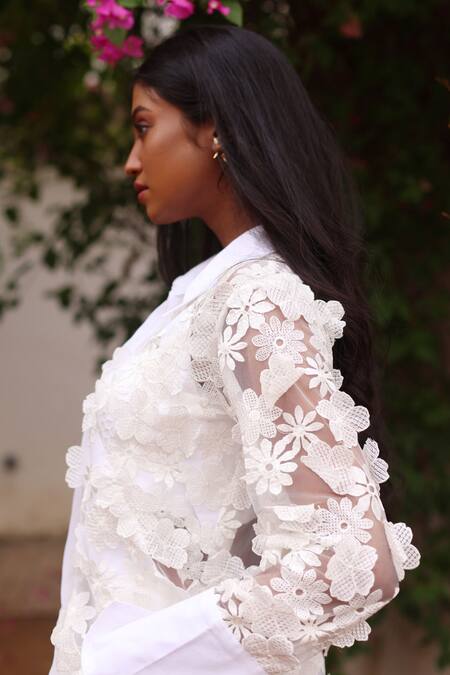 Couché By Anandini_Ivory Cotton, Lycra, Tulle, Viscose, Organza Embroidery Floral Shirt And Pant Set _Online_at_Aza_Fashions